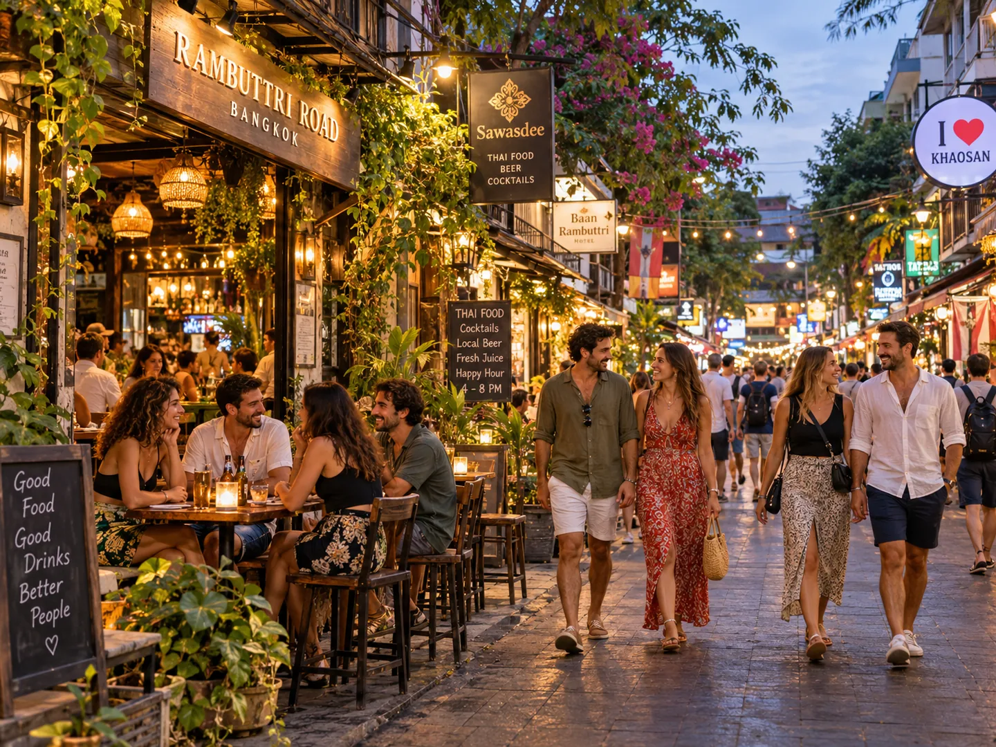 Tourist couples walking past restaurants on lantern-lit Rambuttri Road Bangkok