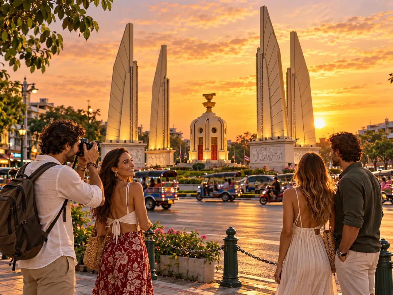 Adult travellers near Democracy Monument in Bangkok