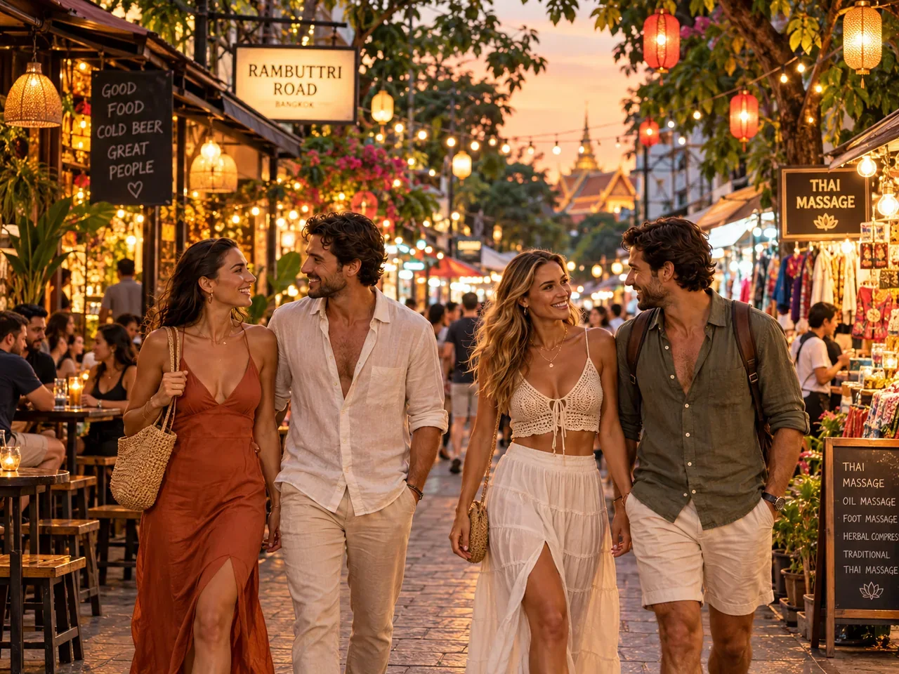 Adult travellers strolling along Rambuttri Road in Bangkok at golden hour