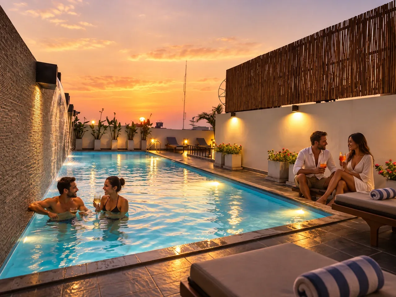 Two adult couples relaxing at the genuine Sleep Withinn rooftop pool