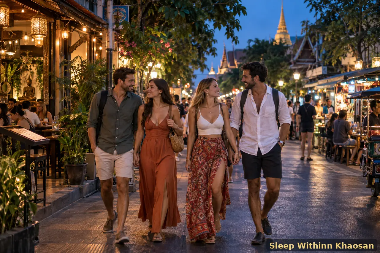 Adult travellers enjoying Rambuttri Road near Khaosan in Bangkok