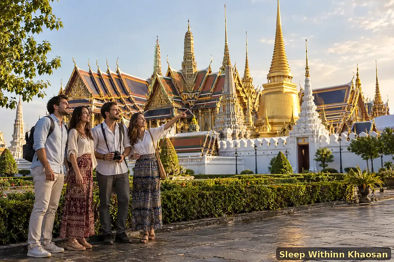 Adult travellers visiting the Grand Palace and Wat Phra Kaew in Bangkok Old Town
