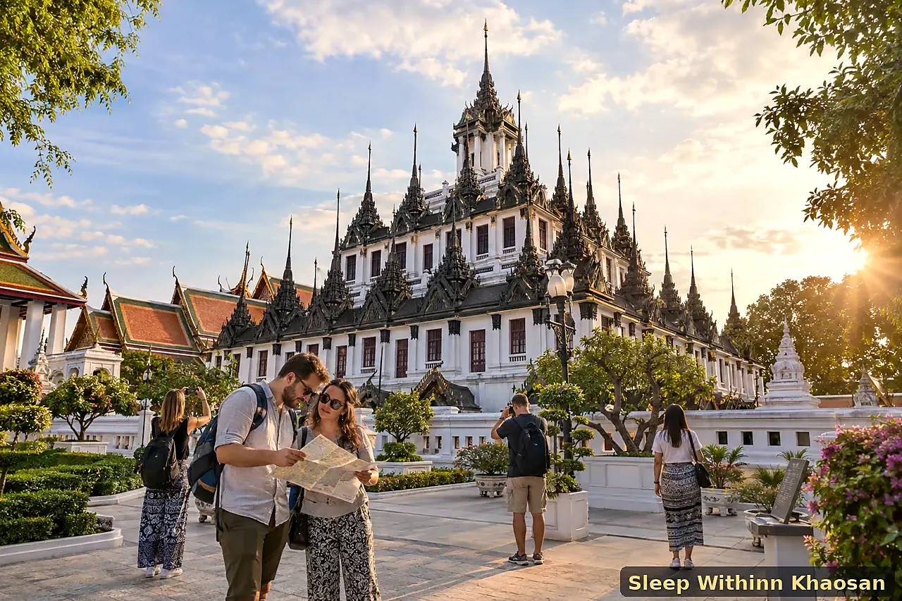Adult travellers sightseeing at Loha Prasat in Bangkok Old Town