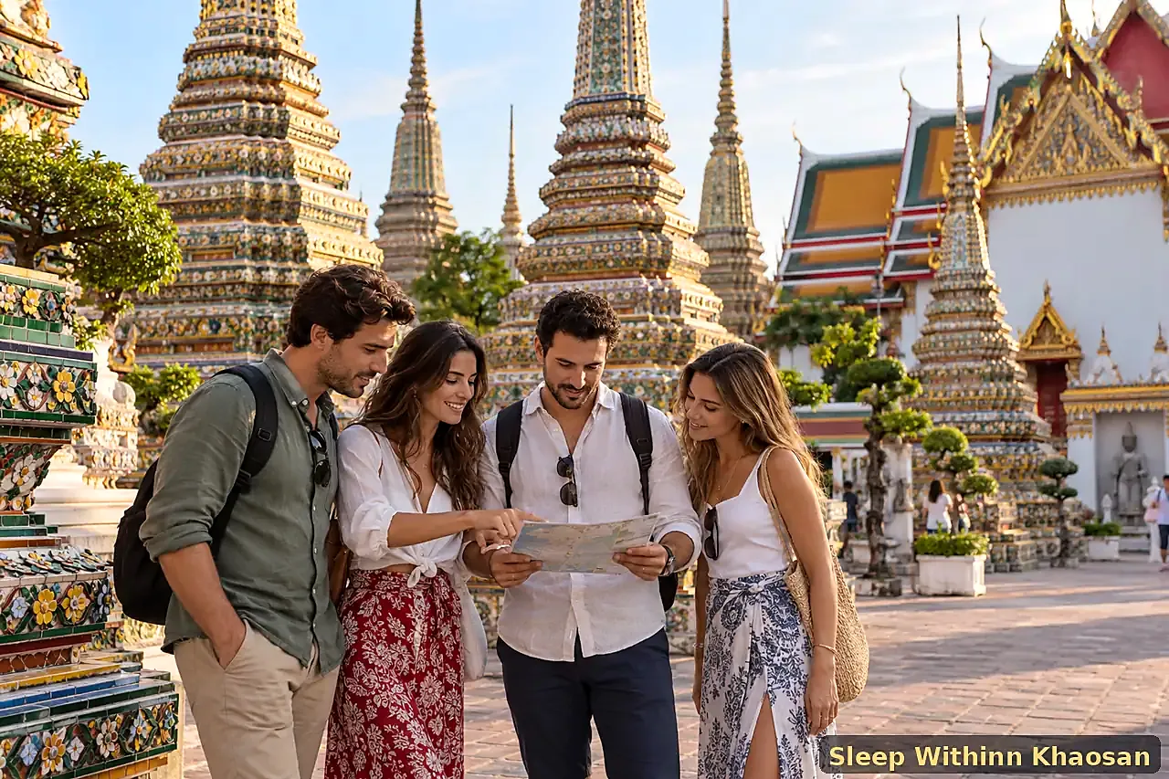 Adult travellers exploring Wat Pho in Bangkok Old Town