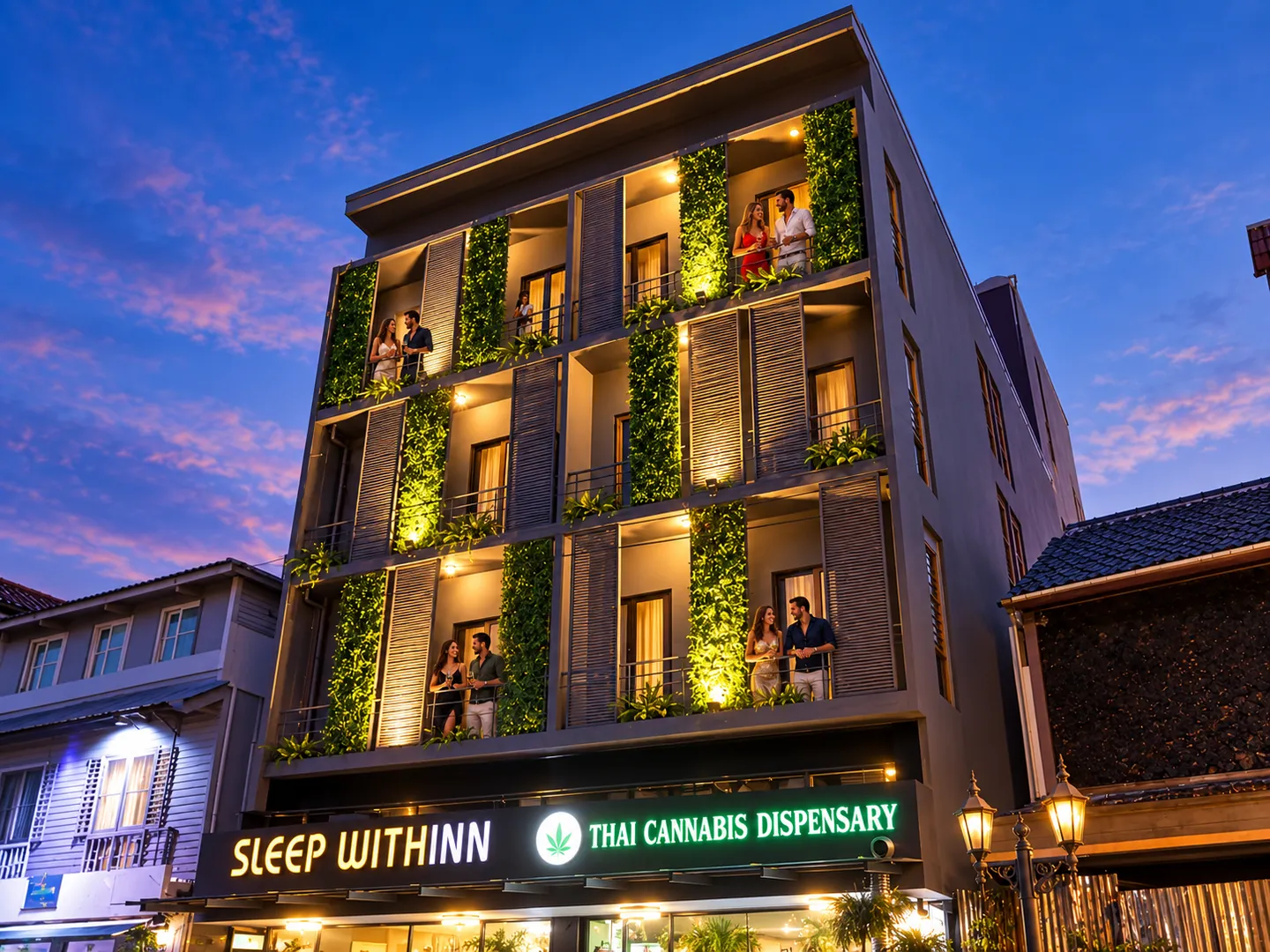 Four tourist couples on balconies at Sleep Withinn Hotel at dusk