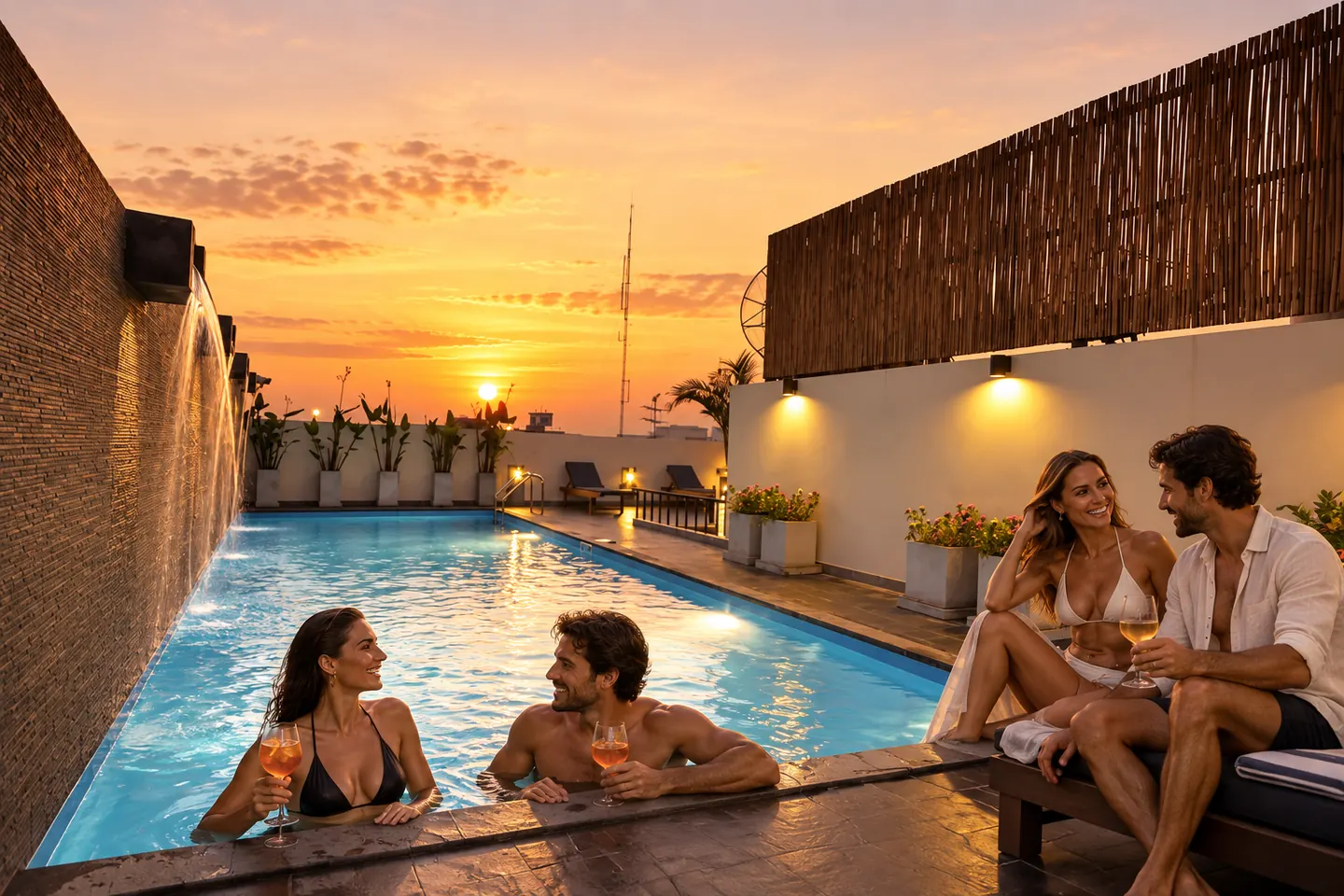 Two adult couples relaxing beside the Sleep Withinn rooftop pool at sunset