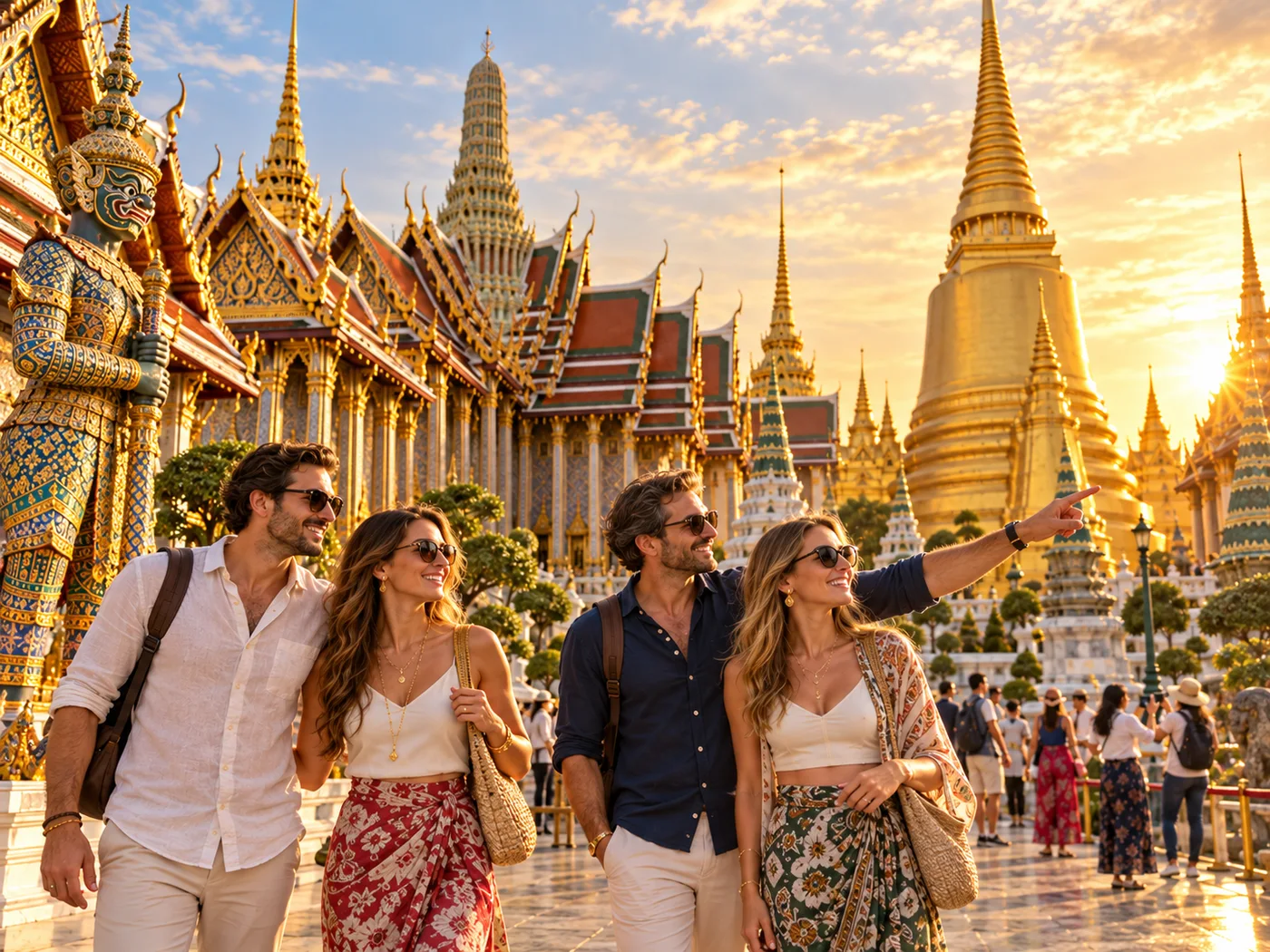 Travelers visiting the Grand Palace in Bangkok in warm afternoon light
