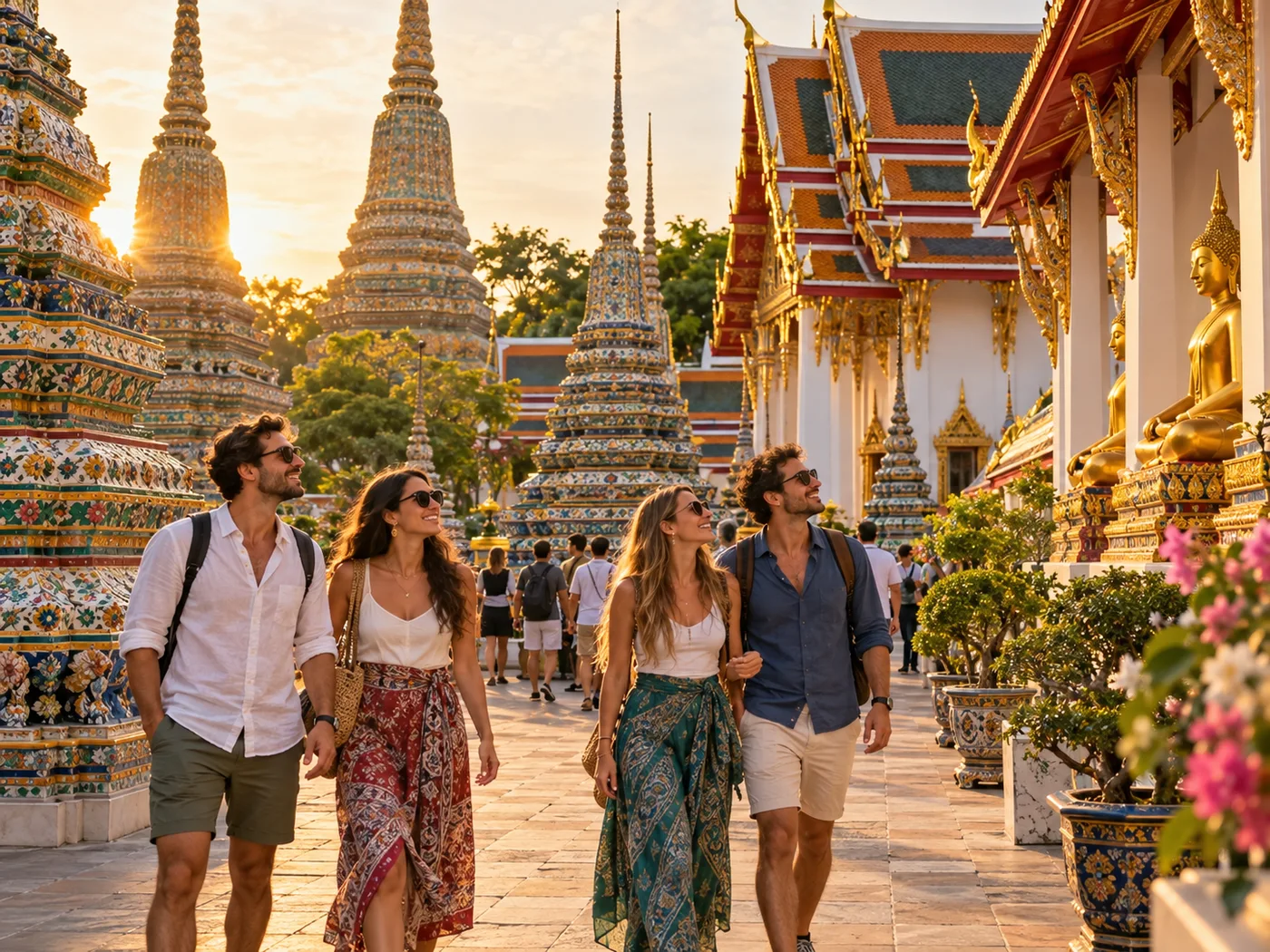 Travelers exploring decorative temple architecture near Bangkok Old Town