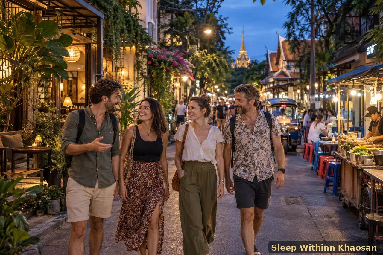 Four adult travellers exploring Rambuttri Road near Khaosan