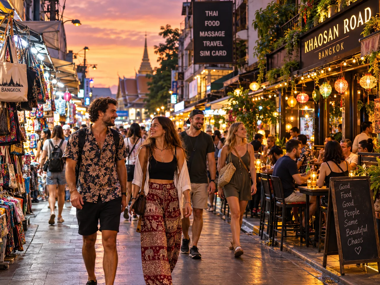Adult travellers enjoying Khaosan Road at sunset