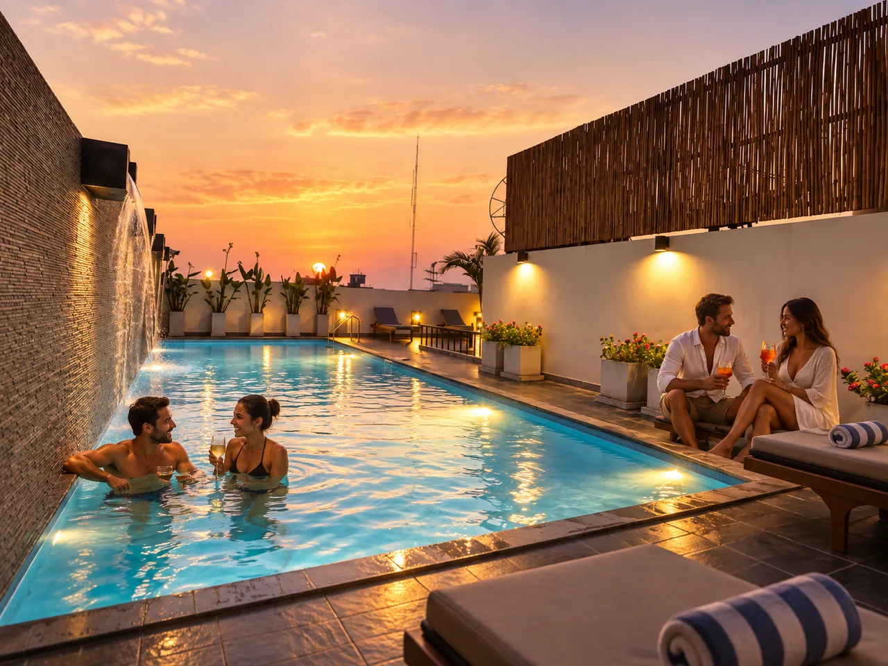 Two adult couples relaxing at the genuine Sleep Withinn rooftop pool at sunset