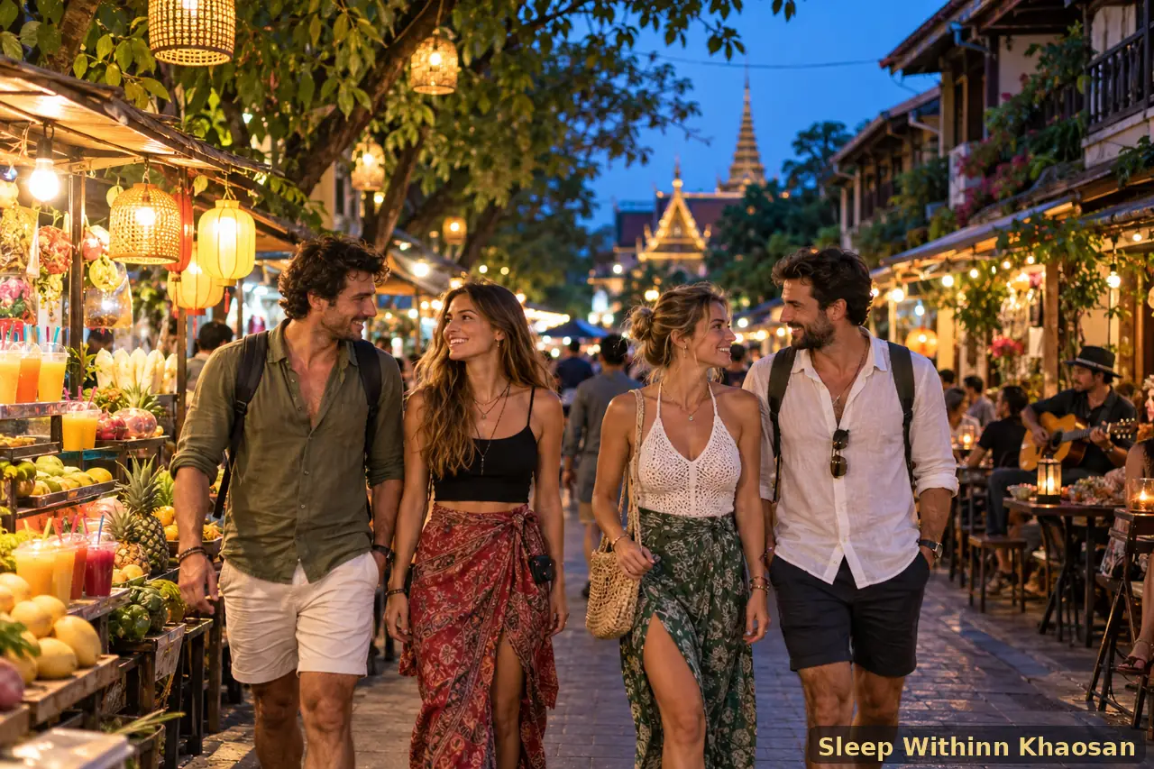 Four adult travellers exploring lantern-lit Rambuttri Road