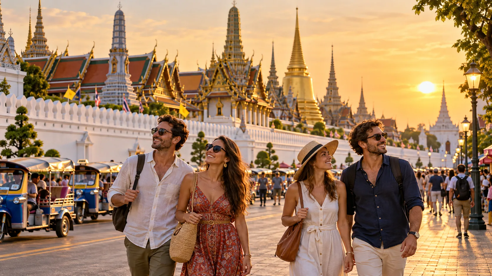 Travelers near the Grand Palace in Bangkok at golden hour